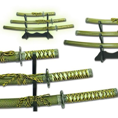 Dragon-Themed Katana Sword Trio with Stainless Steel and Table Stand