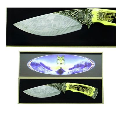 Majestic Wolf Design Stainless Steel Knife – Carved Ivory Handle