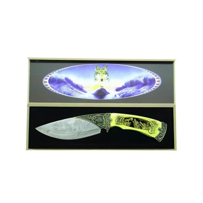 Majestic Wolf Design Stainless Steel Knife – Carved Ivory Handle