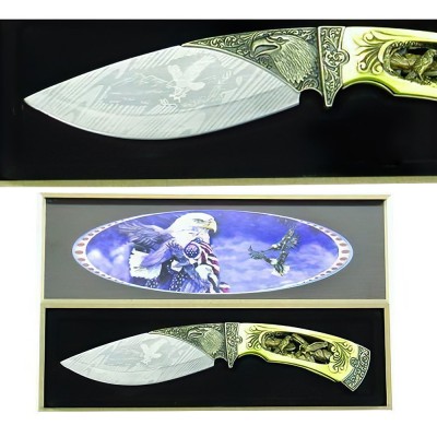 Regal Eagle Etched Stainless Steel Knife – Carved Ivory Handle