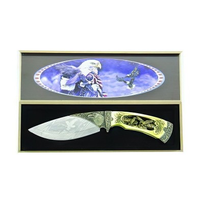 Regal Eagle Etched Stainless Steel Knife – Carved Ivory Handle