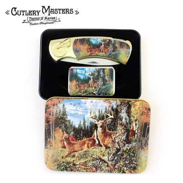 Deer-Themed Box Knife Combo with Built-In Lighter