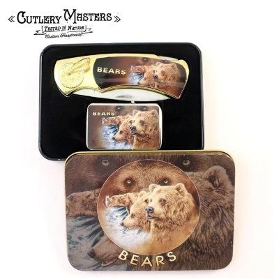 Bear-Themed Box Knife Combo with Built-In Lighter – Rugged