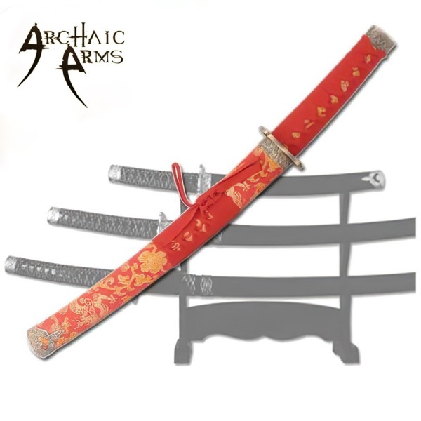 3-PC Red Katana Sword Set with Stand