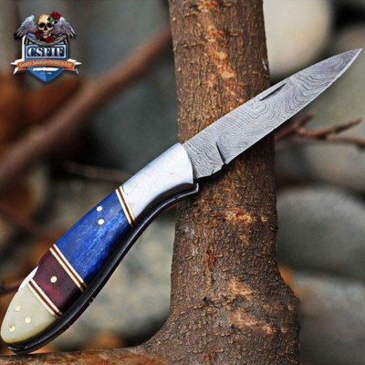 Classic Folding Knife with Damascus Blade and Bone Handle