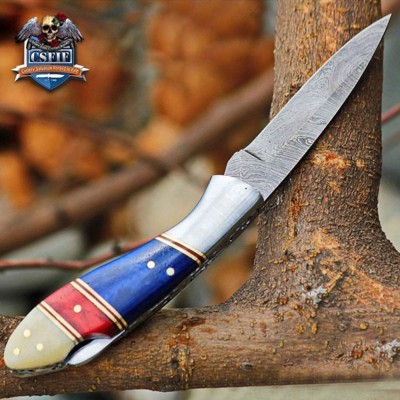 Classic Folding Knife with Damascus Blade and Bone Handle