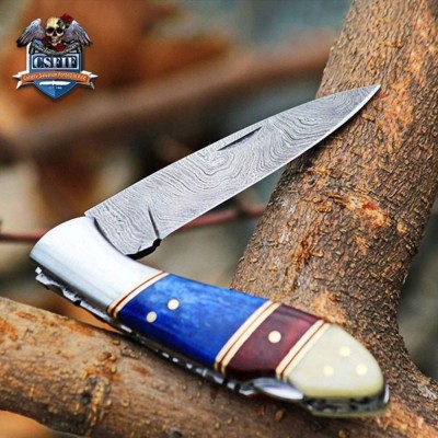 Classic Folding Knife with Damascus Blade and Bone Handle