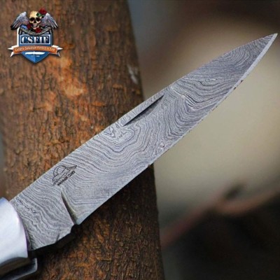 Classic Folding Knife with Damascus Blade and Bone Handle