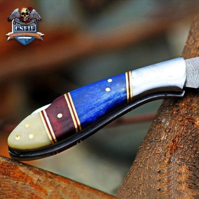 Classic Folding Knife with Damascus Blade and Bone Handle