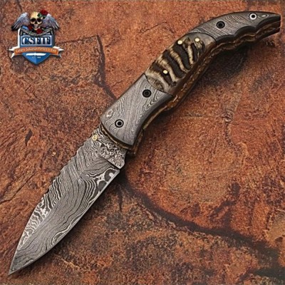 Custom Made Damascus Blade Folding Knife with Stag Horn Handle