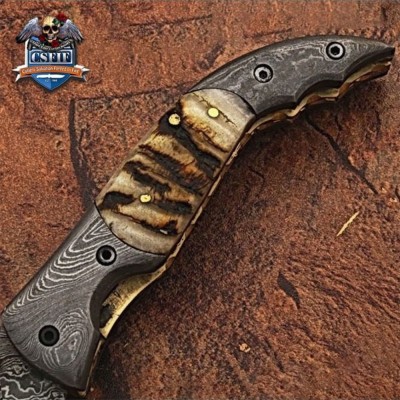 Custom Made Damascus Blade Folding Knife with Stag Horn Handle