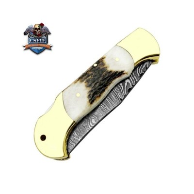 Custom Made Ram Horn Folding Knife with Damascus Steel Blade