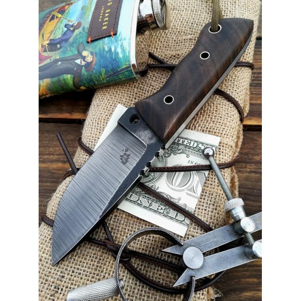 Compact Damascus Steel EDC Knife with Dark Wooden Handle