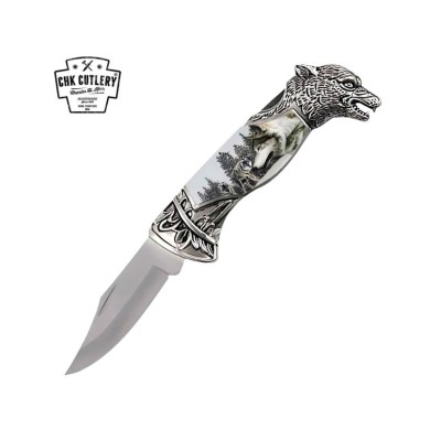 Premium 8" Wolf Head Lockback Folding Pocket Knife - Stainless Steel