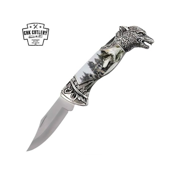 Premium 8" Wolf Head Lockback Folding Pocket Knife - Stainless Steel Blade