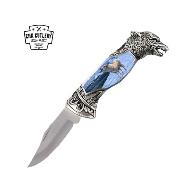 8" Wolf Head Lockback Knife - Silver Handle, Stainless Steel Blade