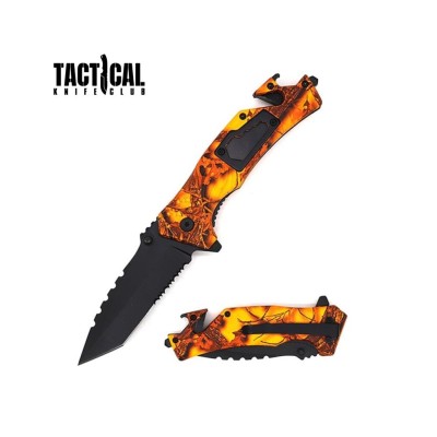 8" Military Tactical Rescue Knife - Orange Camo, Spring Assisted