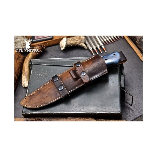 Blue Camel Bone Large Bushcraft Knife with Leather Sheath