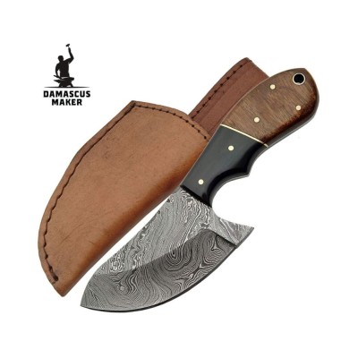 Damascus Skinning Knife with Leather Sheath for Outdoors