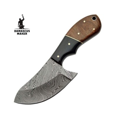 Damascus Skinner Knife with Brown Sheath - Damascus Maker