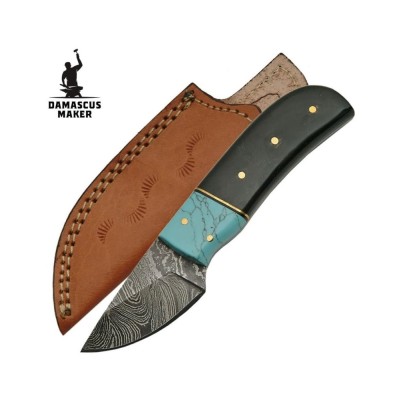 Damascus Steel Skinning Knife Horn Turquoise - Damascus Maker