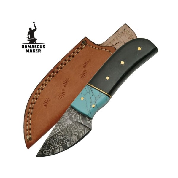 Damascus Steel Skinning Knife Horn Turquoise