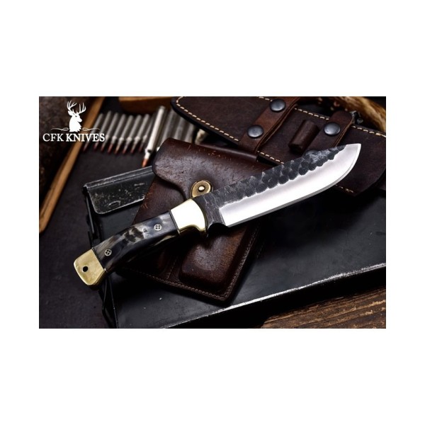 Handmade Sheep Horn Hunting Knife With Leather Sheath