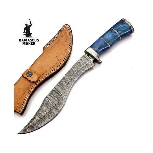 Handmade Damascus Steel Fixed Blade Kukri Knife with Leather Sheath