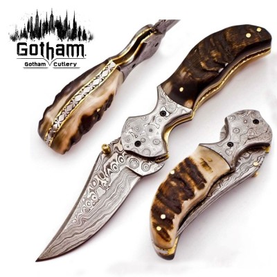 Personalized Engraved Damascus Folding Knife - Ram Horn Handle