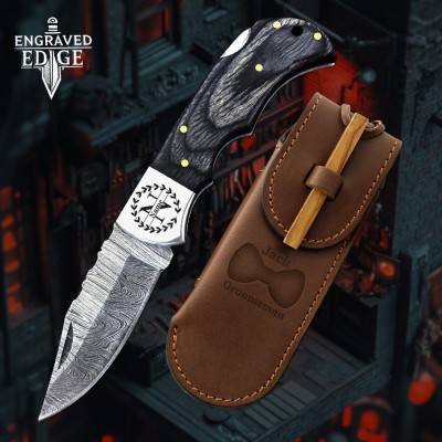 Damascus Steel Pocket Knife with Leather Sheath