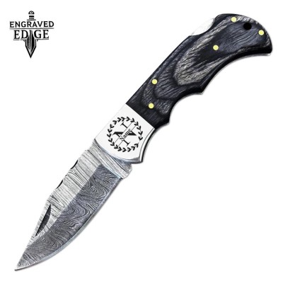 Damascus Steel Pocket Knife with Leather Sheath