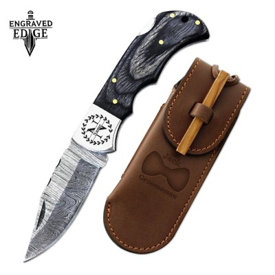 Damascus Steel Pocket Knife with Leather Sheath