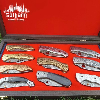 Luxury Hand-Engraved Folding Knives Set with Wooden Gift Box