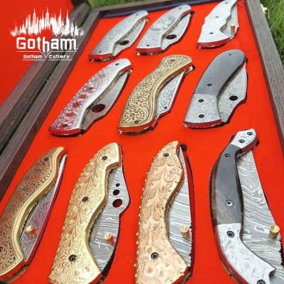 Luxury Hand-Engraved Folding Knives Set with Wooden Gift Box