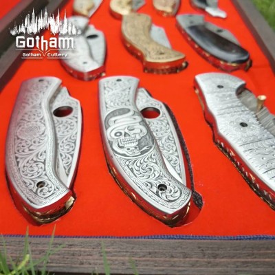 Luxury Hand-Engraved Folding Knives Set with Wooden Gift Box