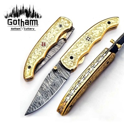 Custom Damascus Pocket Knife - Brass Handle