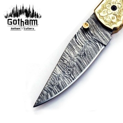 Custom Damascus Pocket Knife - Brass Handle