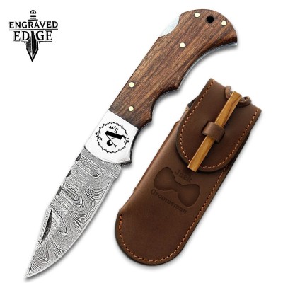 Damascus Steel Pocket Knife with Personalized Handle and Back Lock