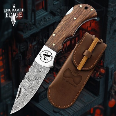 Damascus Steel Pocket Knife with Personalized Handle and Back Lock