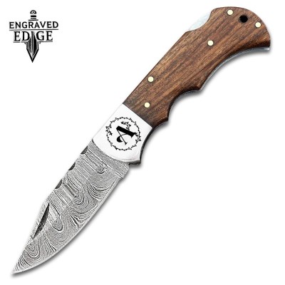 Damascus Steel Pocket Knife with Personalized Handle and Back Lock