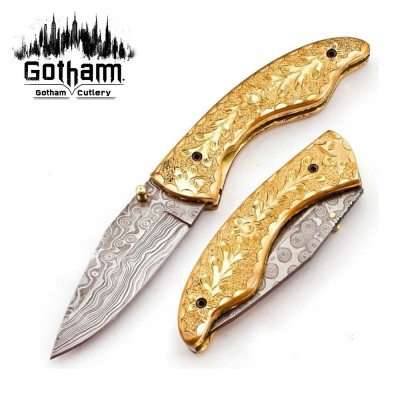 Custom Damascus Folding Knife - Brass Bolsters