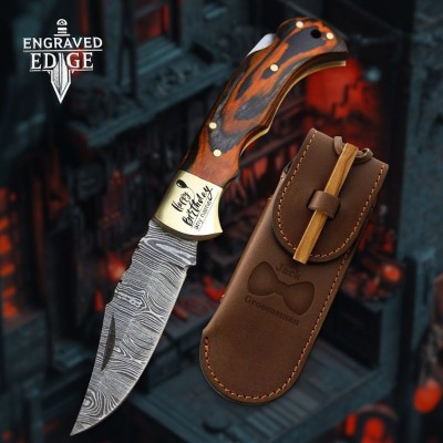 Handmade Damascus Pocket Knife with Stained Wood Handle