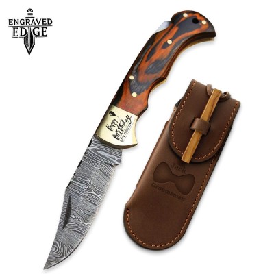 Handmade Damascus Pocket Knife with Stained Wood Handle