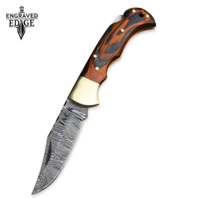 Handmade Damascus Pocket Knife with Stained Wood Handle