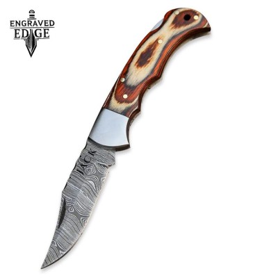 Custom Handmade Damascus Pocket Knife with Color Wood Handle