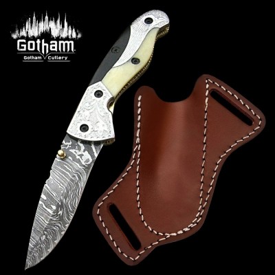 Handmade Damascus Folding Knife with Leather Sheath