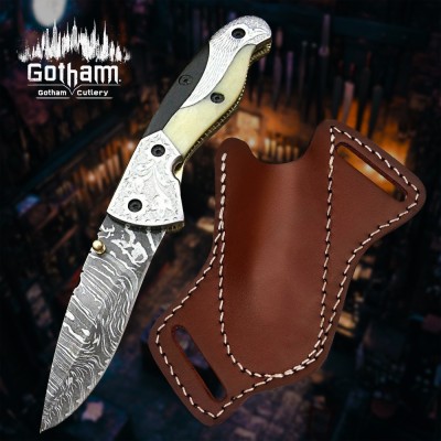 Handmade Damascus Folding Knife with Leather Sheath