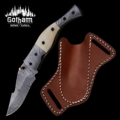 Handmade Damascus Folding Knife with Camel Bone Handle & Leather Sheat