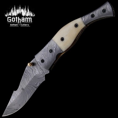 Handmade Damascus Folding Knife with Camel Bone Handle & Leather Sheat