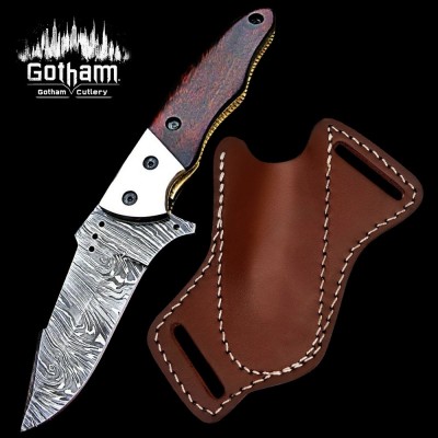 Handmade Damascus Folding Knife with Real Wood Handle